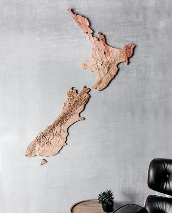 Full view of 3D wooden contour map of New Zealand carved from recycled kauri.